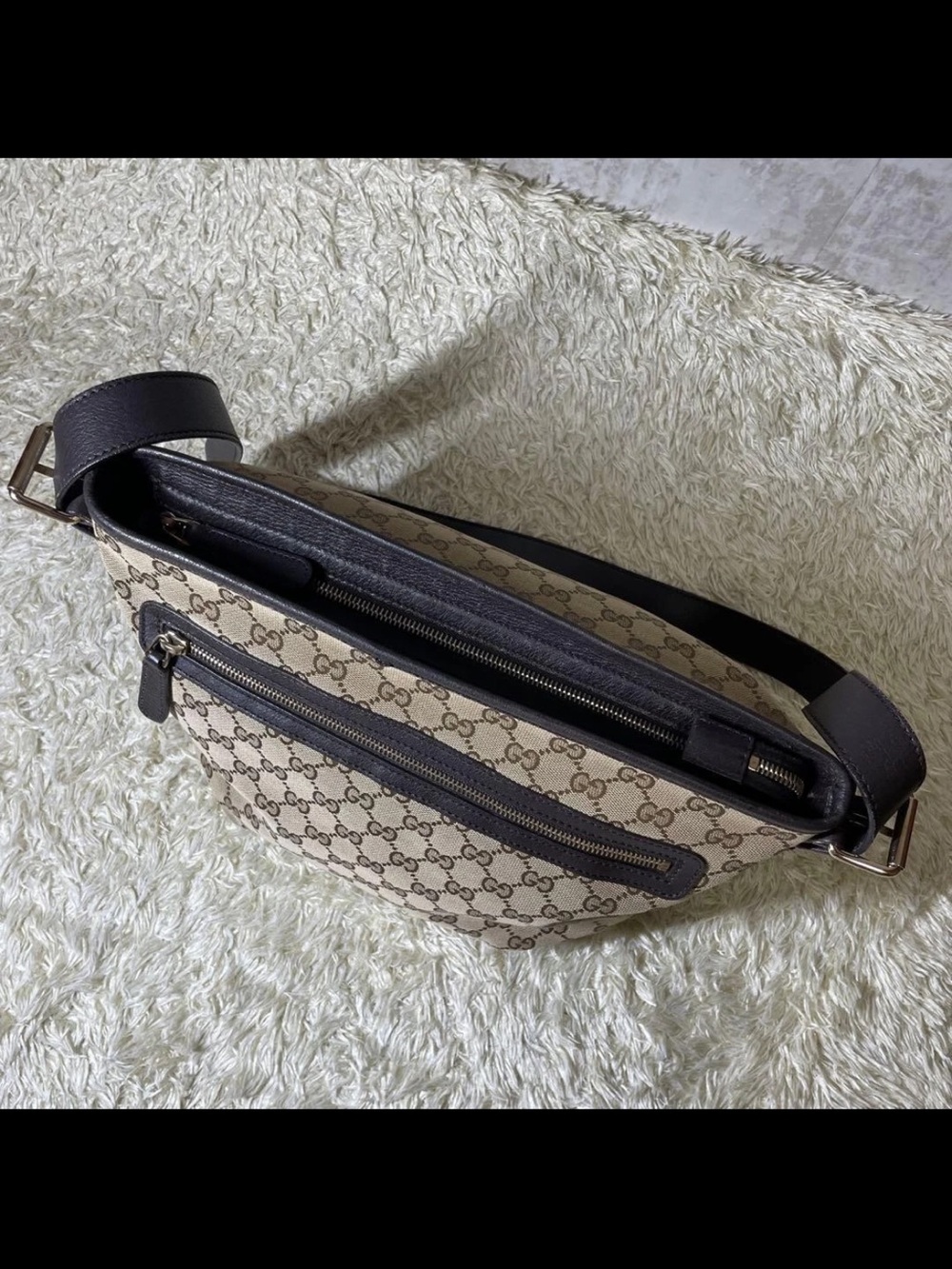 Gucci Beige/Tan GG Monogram Crossbody Bag with Dark Brown Trim - Picture 6 of 16
